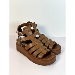 Steve Madden Buzzing Platform Sandals Women’s 7.5 Tan Ankle-Strap Open Toe